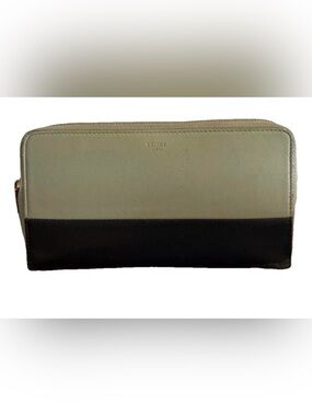 Celine 2-tone sage and black leather zip around wallet with box